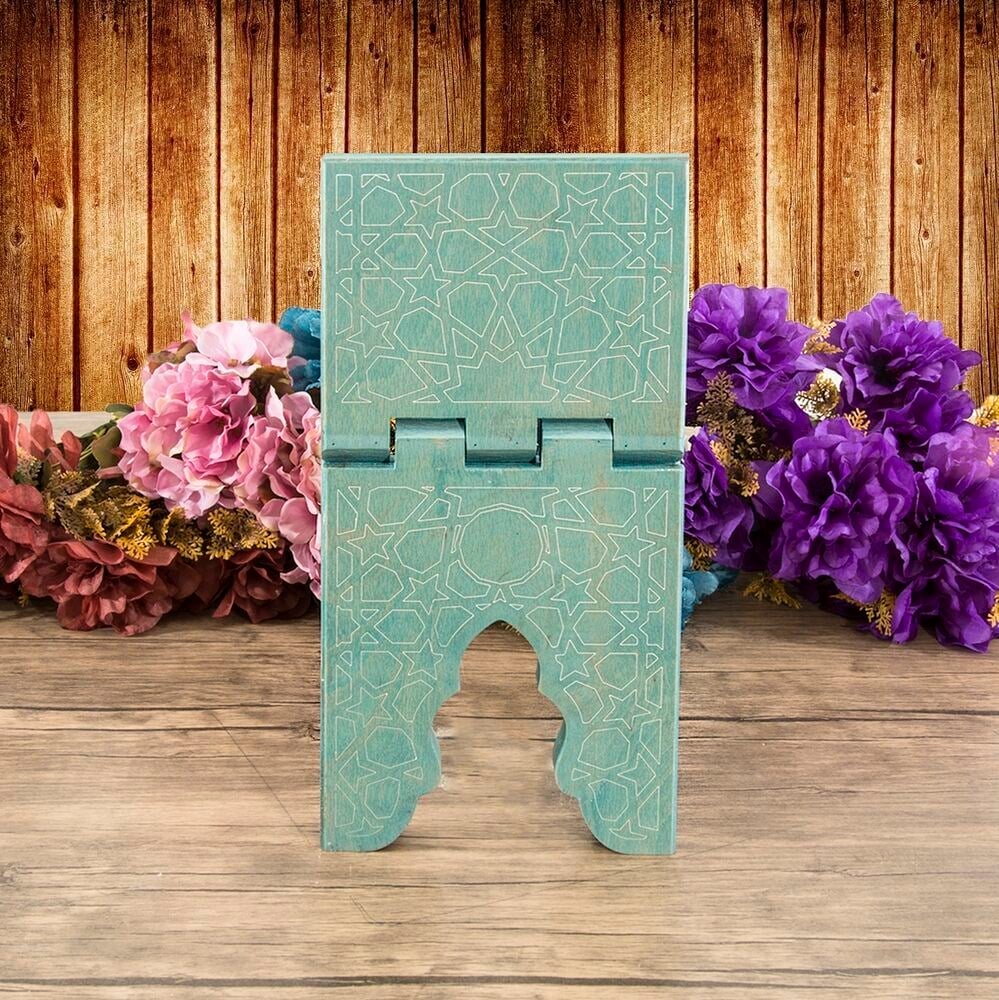Çocuk Boy Ahşap Kitaplık ve Kuran Alıştırma Rahlesi 35*17 cm Rumi Desenli Mavi