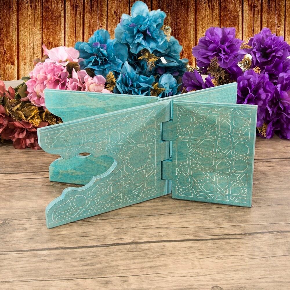 Çocuk Boy Ahşap Kitaplık ve Kuran Alıştırma Rahlesi 35*17 cm Rumi Desenli Mavi