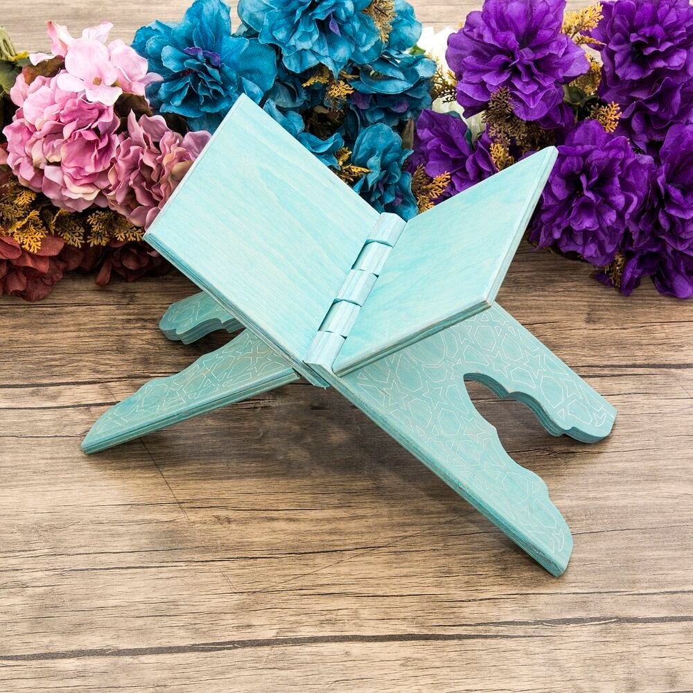 Çocuk Boy Ahşap Kitaplık ve Kuran Alıştırma Rahlesi 35*17 cm Rumi Desenli Mavi