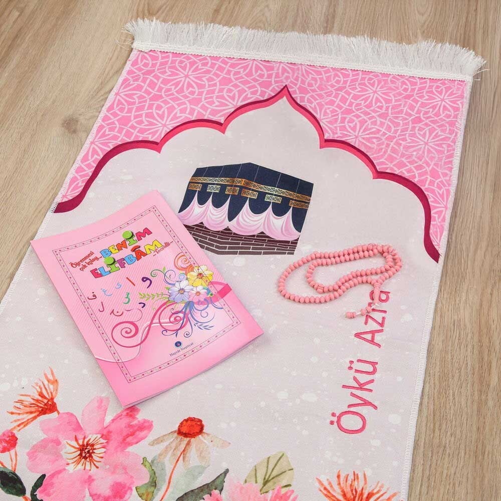 Çocuk Namaza Alıştırma Seti Pembe İsimli Seccade, Tesbih, Elif Ba