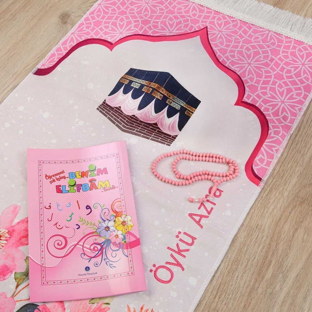Çocuk Namaza Alıştırma Seti Pembe İsimli Seccade, Tesbih, Elif Ba