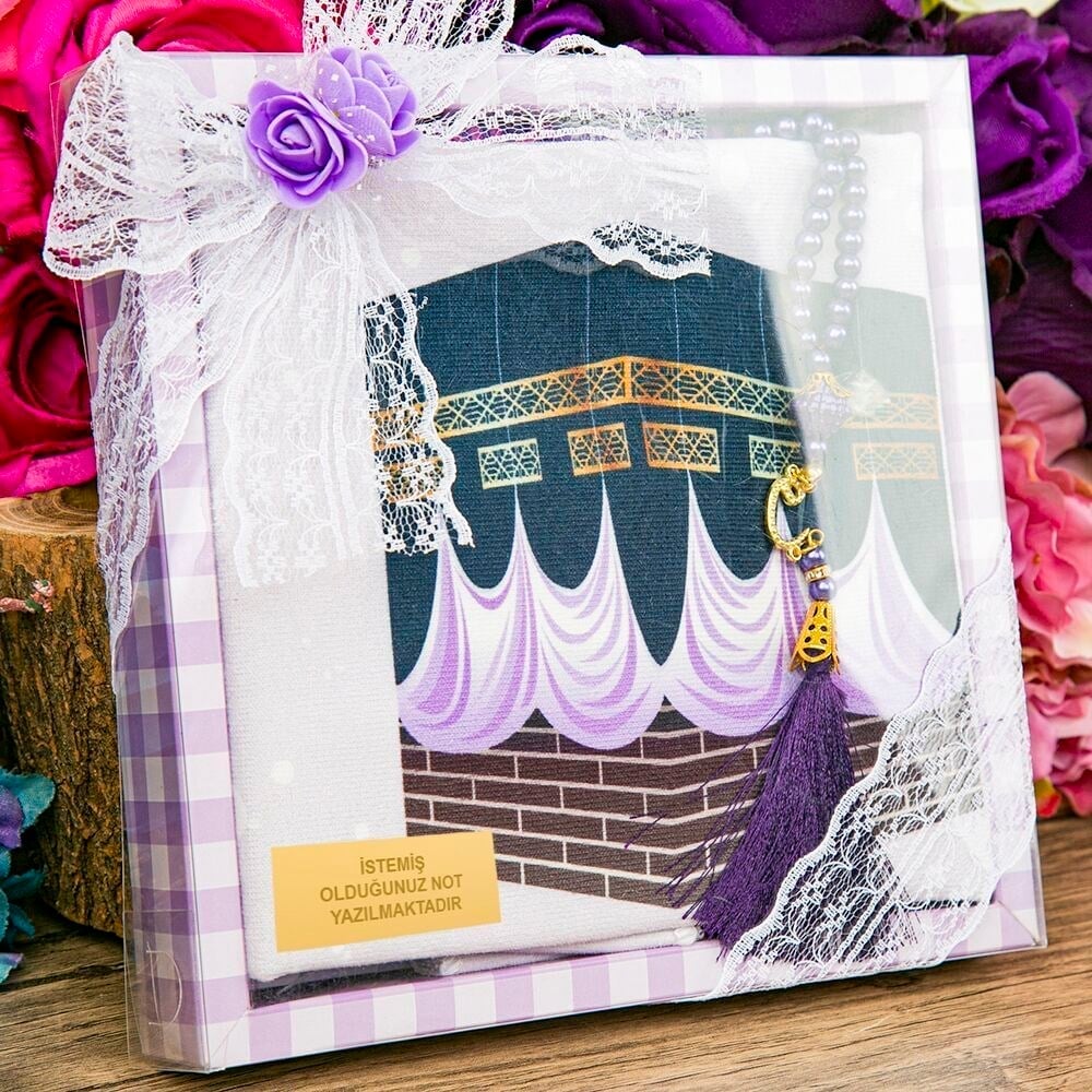 Çocuk Seccadesi 45*82 cm, İnci Tesbihli Asetat Kutulu Set-Mor