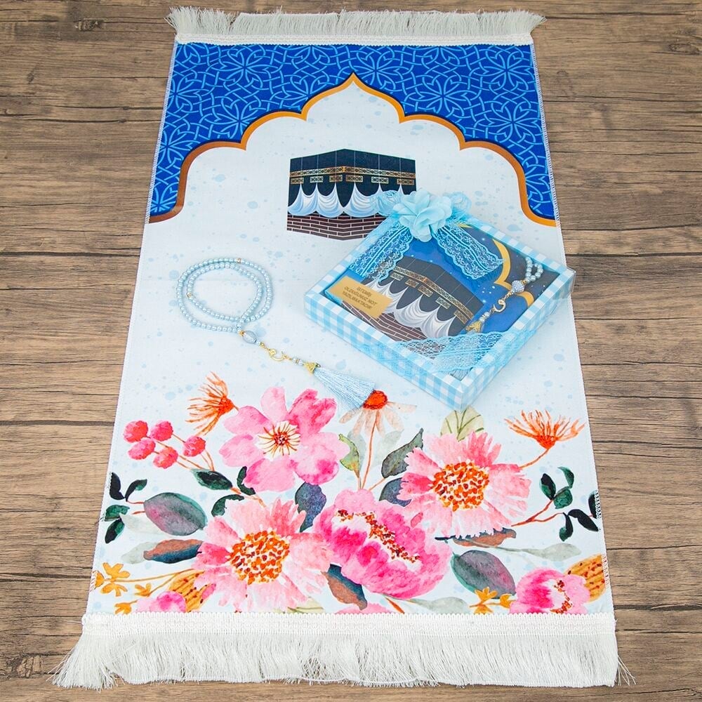 Çocuk Seccadesi 45*82 cm, İnci Tesbihli Asetat Kutulu Set-Mavi