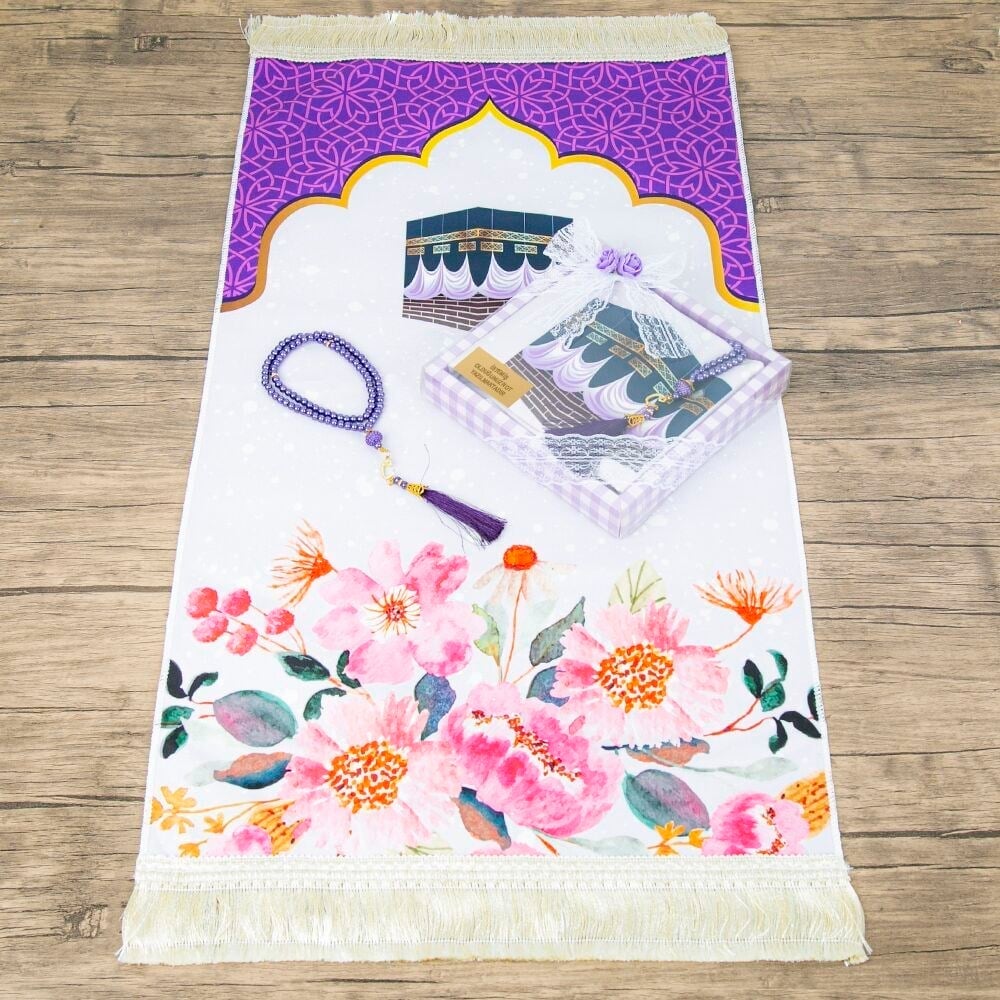 Çocuk Seccadesi 45*82 cm, İnci Tesbihli Asetat Kutulu Set-Mor
