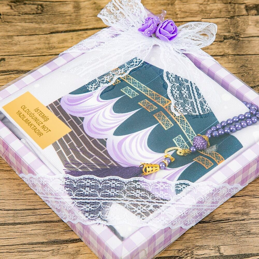 Çocuk Seccadesi 45*82 cm, İnci Tesbihli Asetat Kutulu Set-Mor