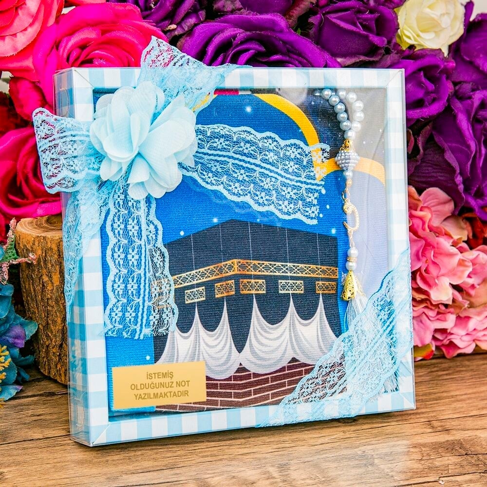 Çocuk Seccadesi 45*82 cm, İnci Tesbihli Asetat Kutulu Set-Mavi