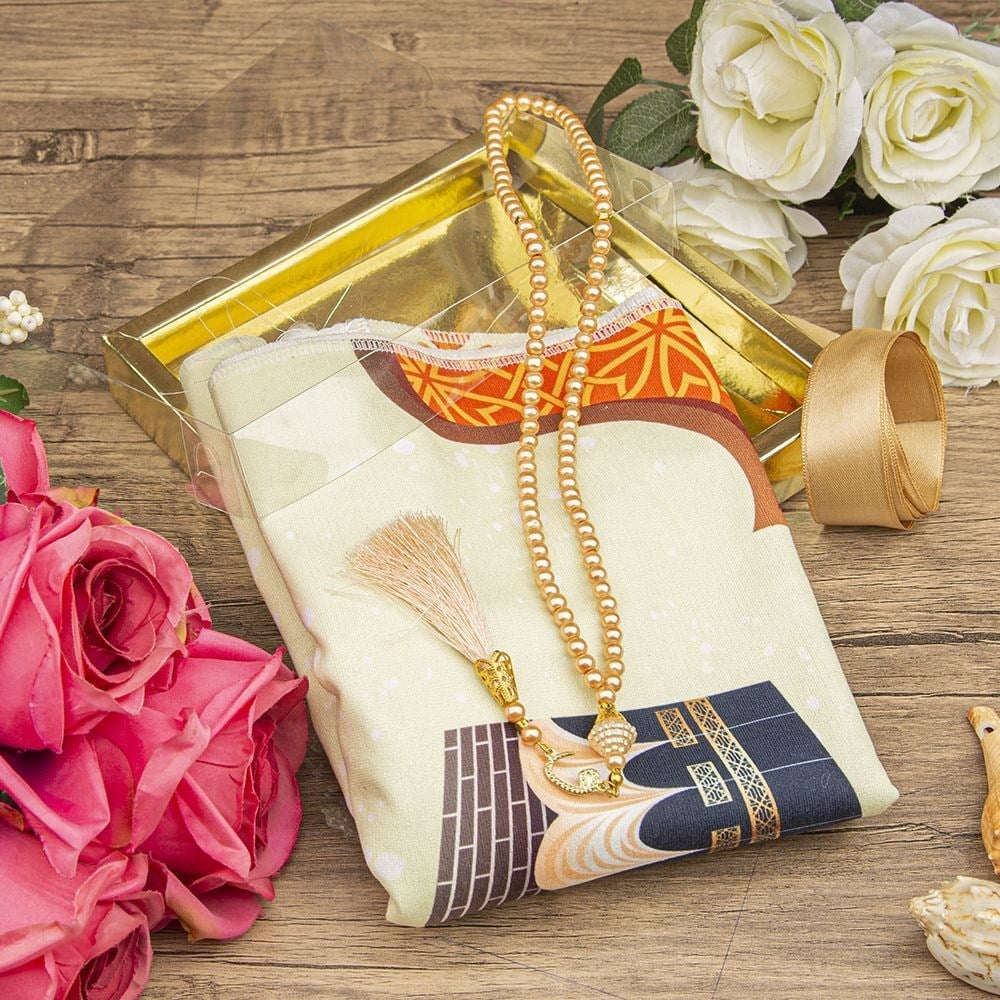Çocuk Seccadesi, İnci Tesbihli Asetat Kutulu Set-Turuncu 42*85 cm