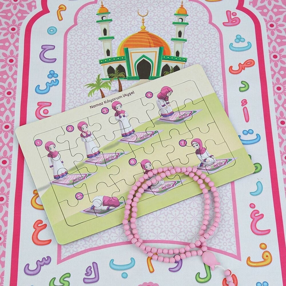 Çocuk Seccadesi Pembe 45x82 cm Aksa Pembe & Kokulu Tesbih  Bebek Pembesi & Ayşe Namaz Kılıyor Puzzle