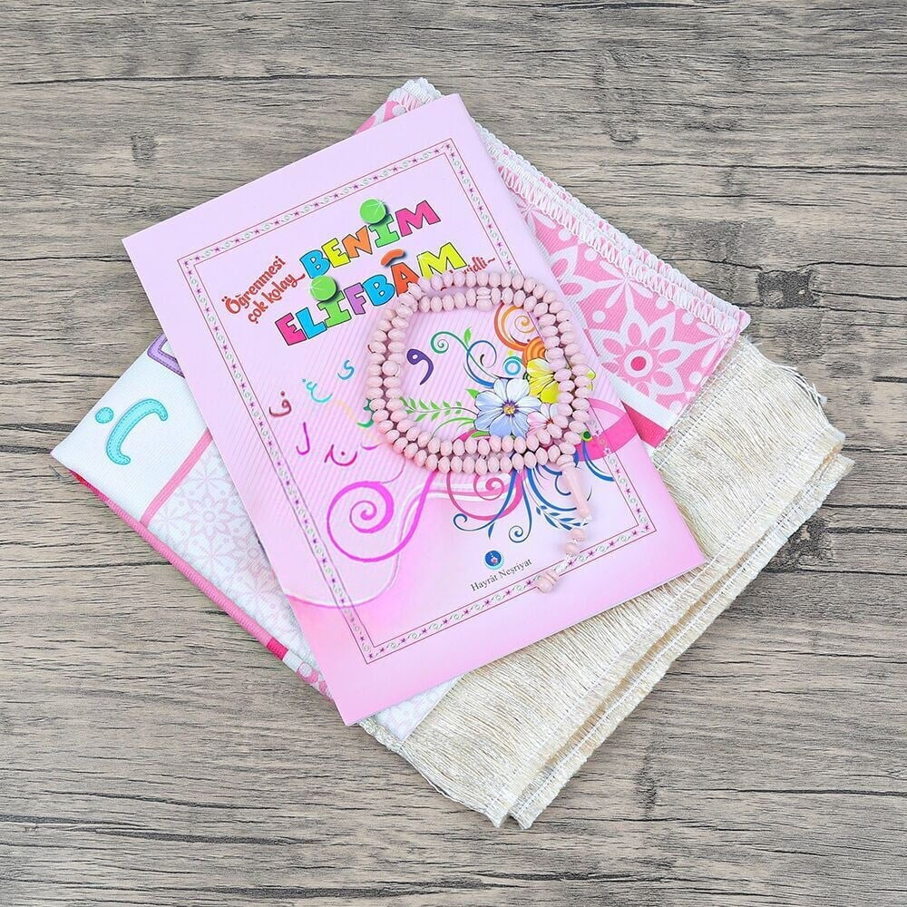 Çocuk Seccadesi ve Eğitici Kitabı Namaz Seti  -Seccade Ölçü Pembe 45x82 cm - Tesbih