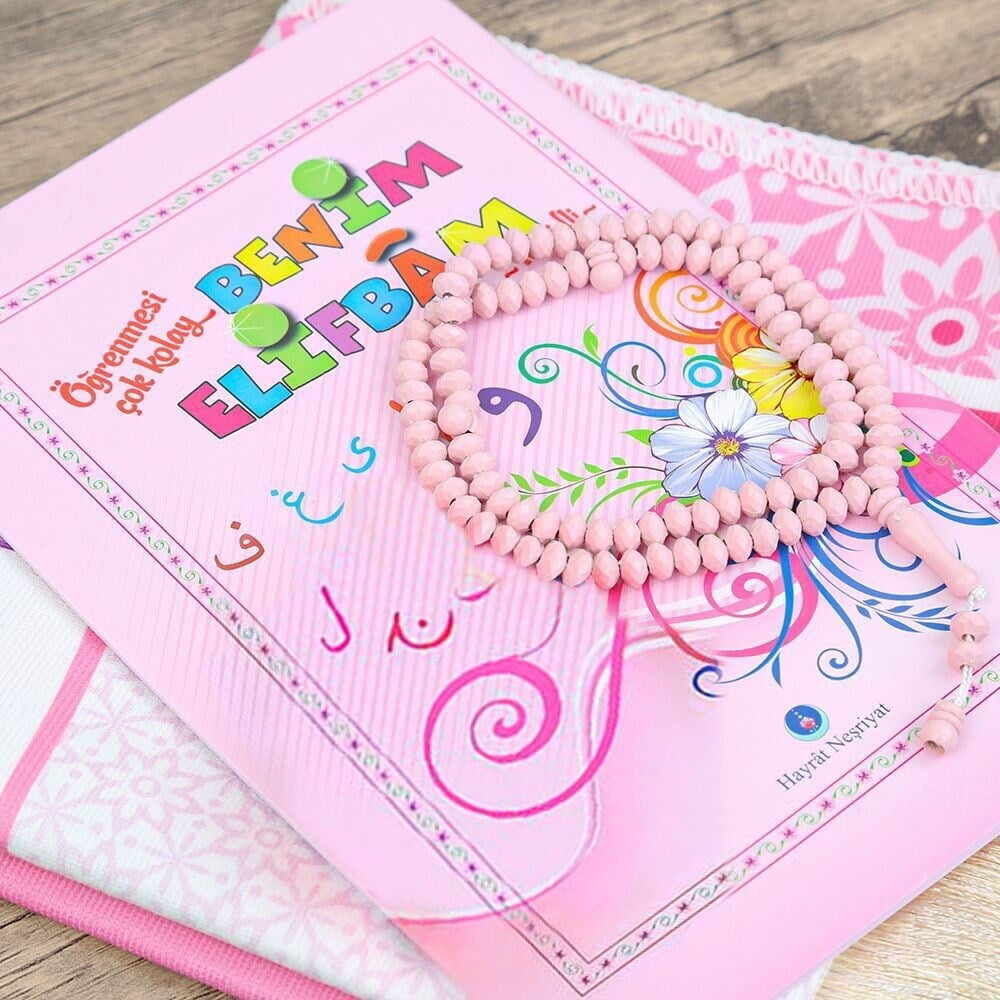Çocuk Seccadesi ve Eğitici Kitabı Namaz Seti  -Seccade Ölçü Pembe 45x82 cm - Tesbih