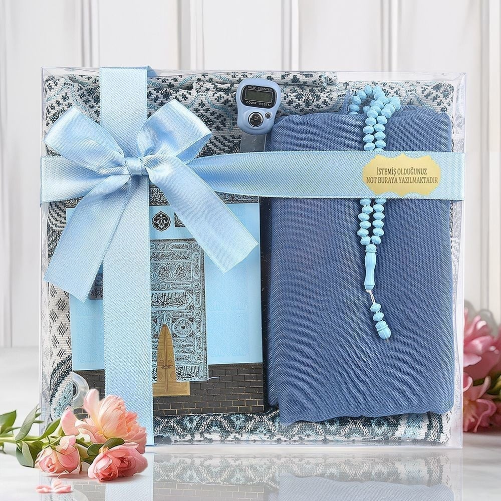 Ekonomik Çanta Boy Yasin, Seccade, Pamuklu Şal, Tesbih, Zikirmatik, Süslemeli Asetat Kutulu (23*26 cm -475gr)-Mavi