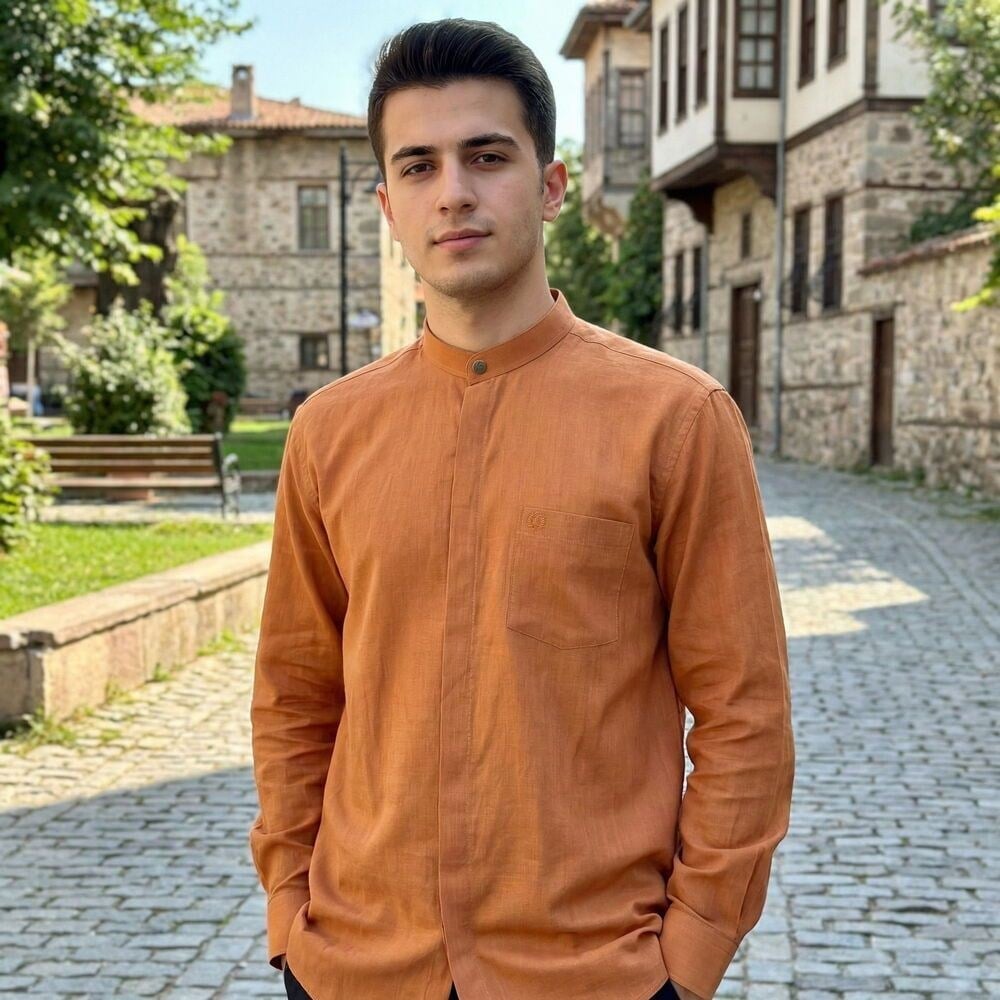 Ensar Gömlek Terletmez % 100 Pamuk Flamlı Keten Gizli Patlı Uzun Kollu Metal Çıtçıt Kremit Renk