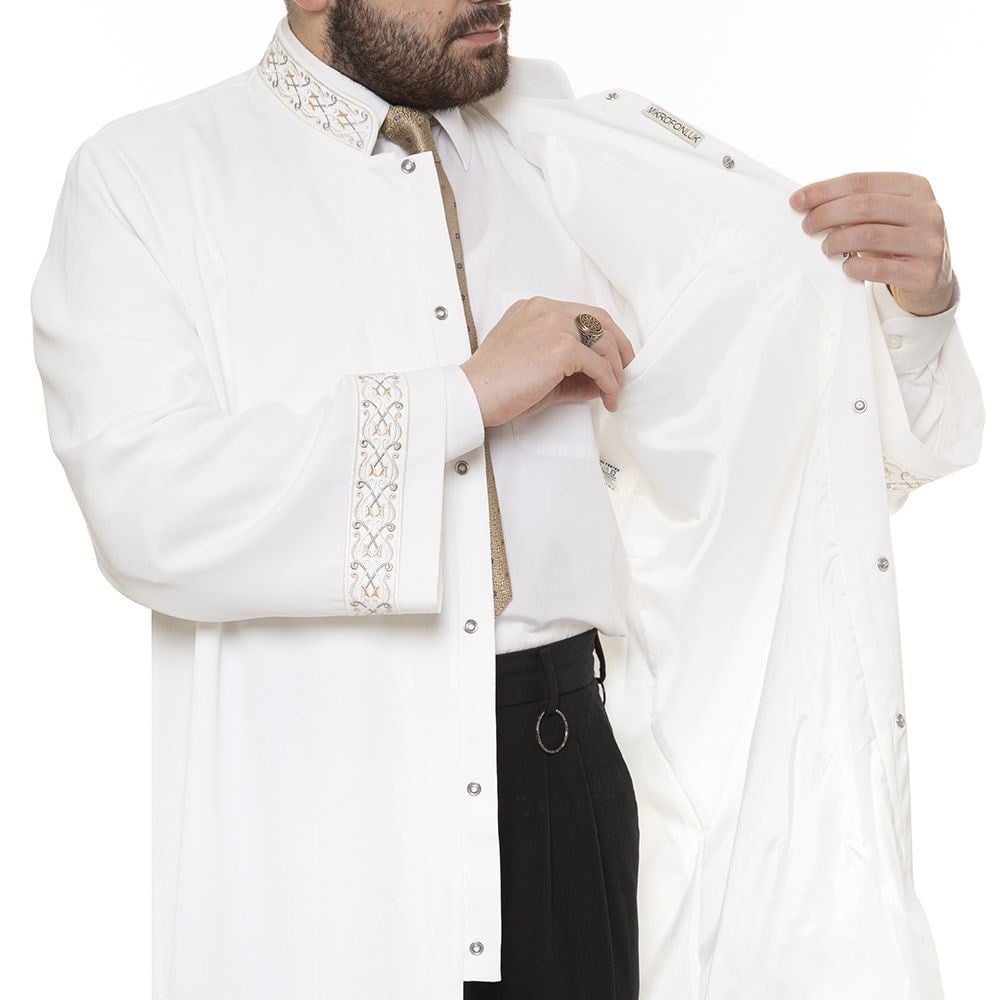 Furkan İmam Cübbesi Açık Krem - Kol ve Yaka Nakışlı Model
