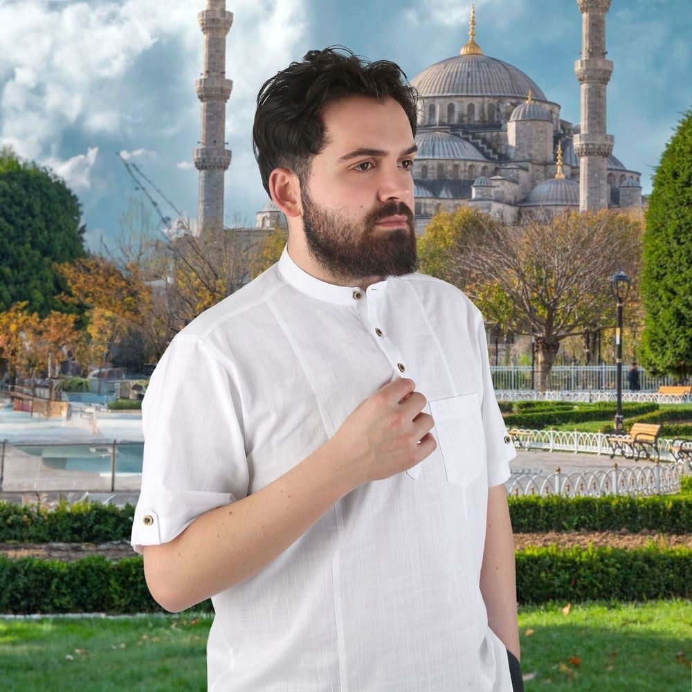 Hac ve Umre İçin Gömlek Kısa Kollu Beyaz Hakim Yaka Keten Görünümlü Terletmeyen % 100 Pamuk Yazlık