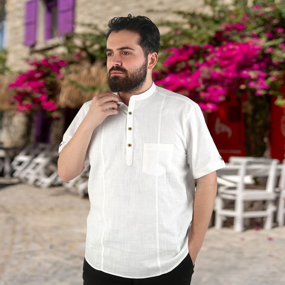 Hac ve Umre İçin Gömlek Kısa Kollu Krem Hakim Yaka Keten Görünümlü Terletmeyen % 100 Pamuk Yazlık