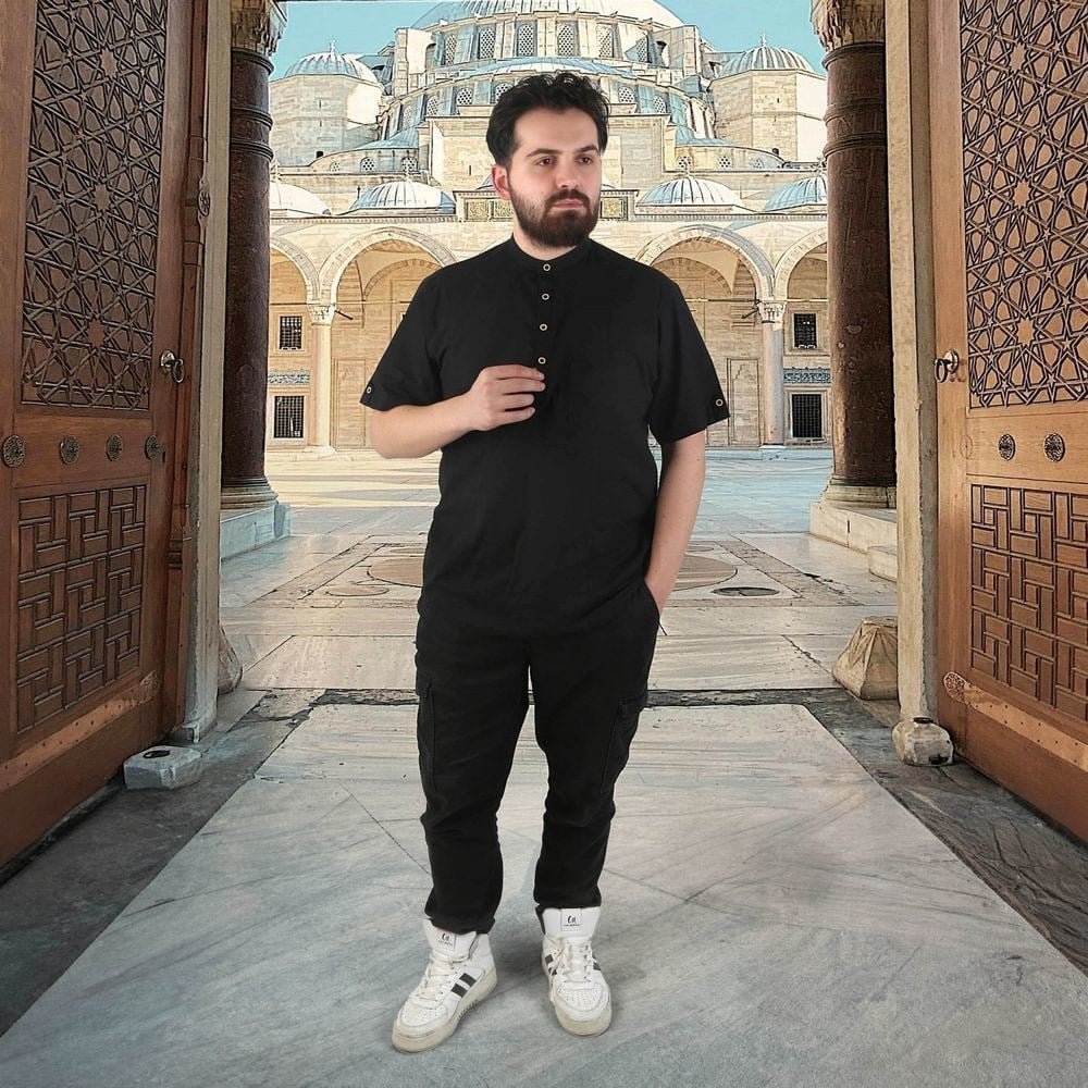 Hac ve Umre İçin Gömlek Kısa Kollu Siyah Hakim Yaka Keten Görünümlü Terletmeyen % 100 Pamuk Yazlık