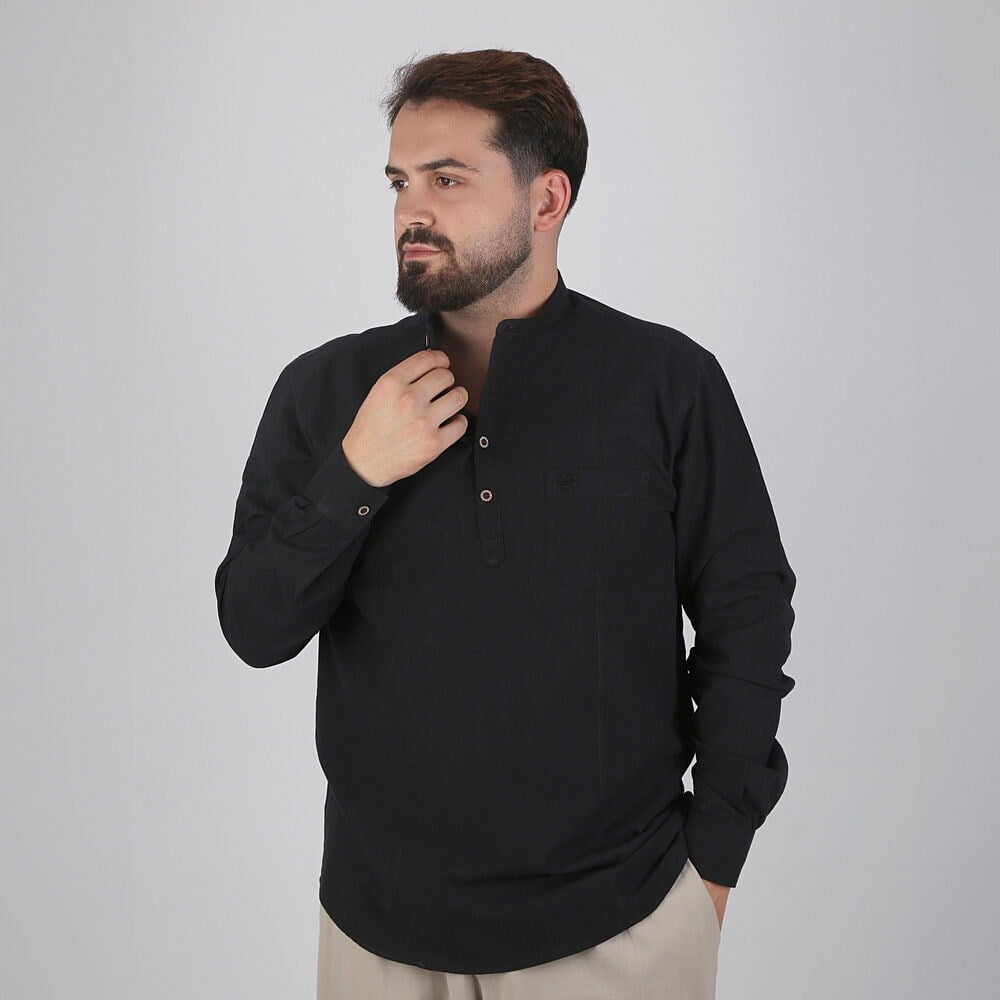 Hac ve Umre İçin Gömlek Uzun Kollu Siyah Hakim Yaka Keten Görünümlü Terletmeyen %100 Pamuk Aksa