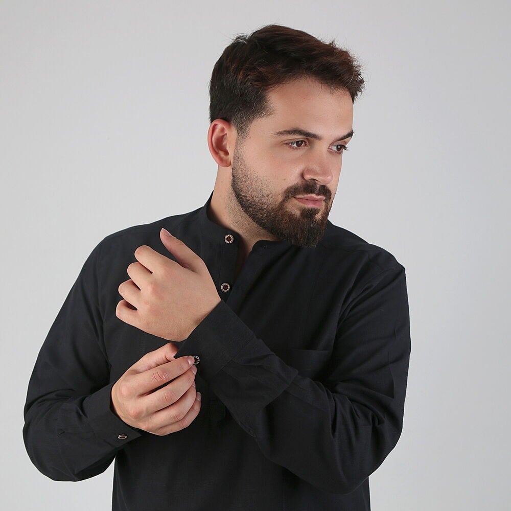 Hac ve Umre İçin Gömlek Uzun Kollu Siyah Hakim Yaka Keten Görünümlü Terletmeyen %100 Pamuk Aksa