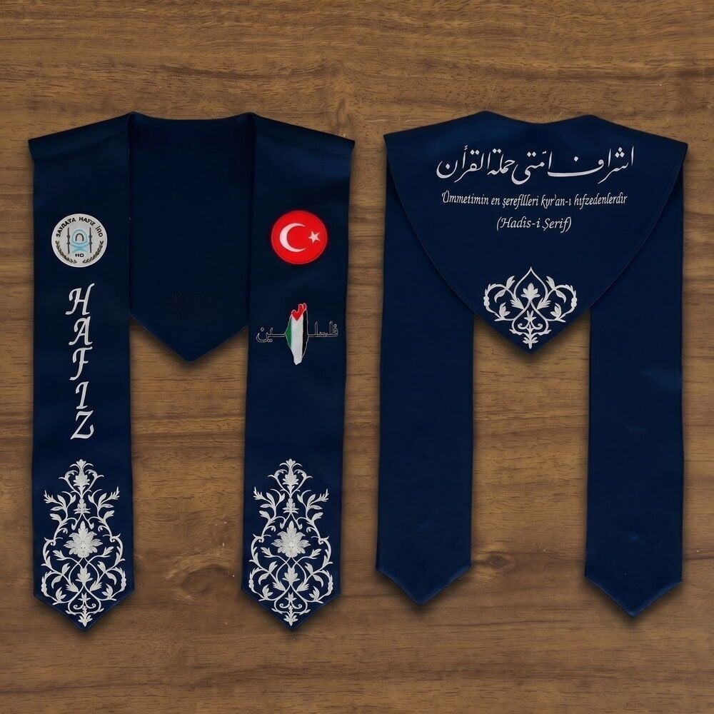 Hafızlık İcazet Atkısı Türk Filistin Bayrağı ve Kurs Logusu İşlemeli Beyaz Nakışlı-Lacivert