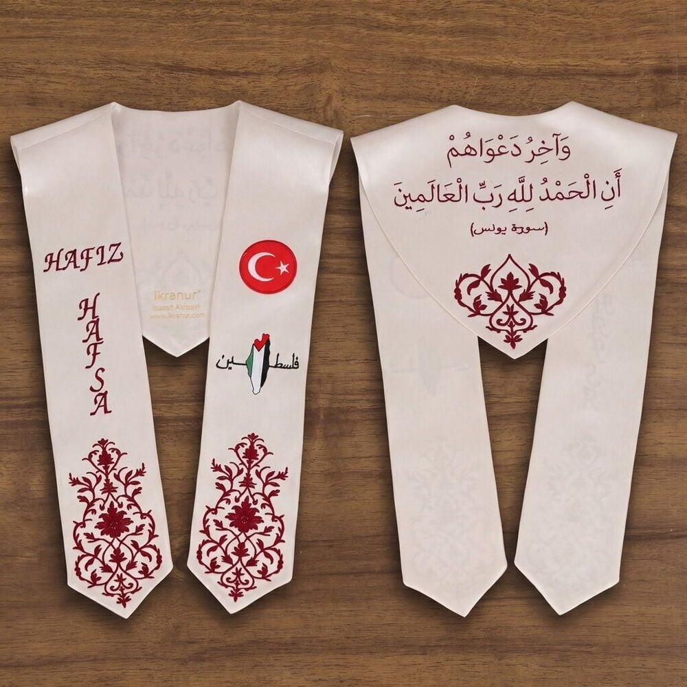 Hafızlık İcazet Merasim Atkısı İsme Özel - Filistin ve Türk Bayraklı - Bordo Nakış İşlemeli -Krem