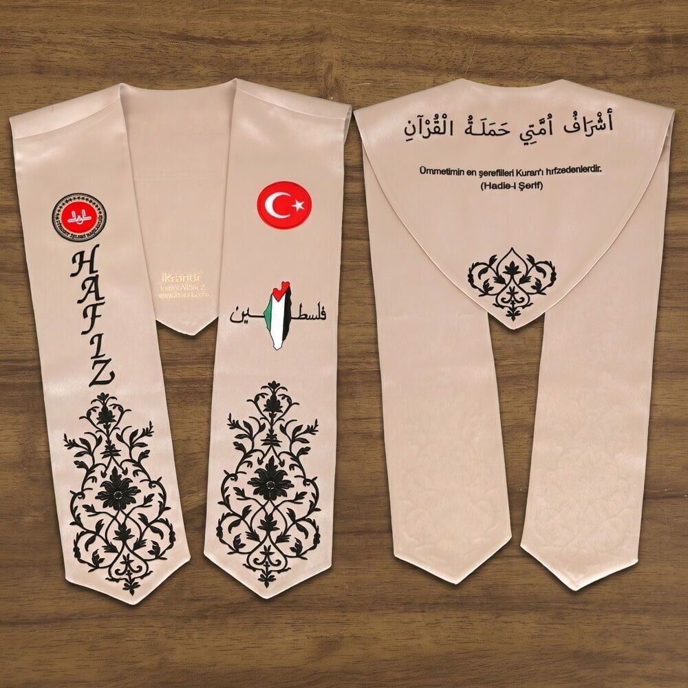 Hafızlık İcazet Merasim Atkısı Türk-Filistin-Diyanet Bayrak İşlemeli,Siyah Nakışlı-Vizon