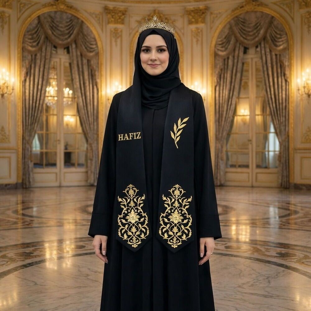 Hafızlık İcazet Merasim Bayan Aişe Ferace Abaya Siyah Elbise  Kol Nakışlı