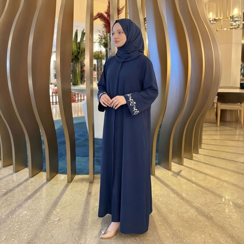 Hafızlık İcazet Merasim Bayan Meryem Ferace Abaya İndigo Elbise Kol Nakışlı