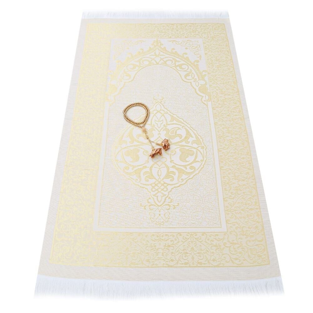 Hediyelik İpek Nur Tafta Seccade Gold & Güllü İnci Tesbih 8 mm Gold(18*25cm 250gr)