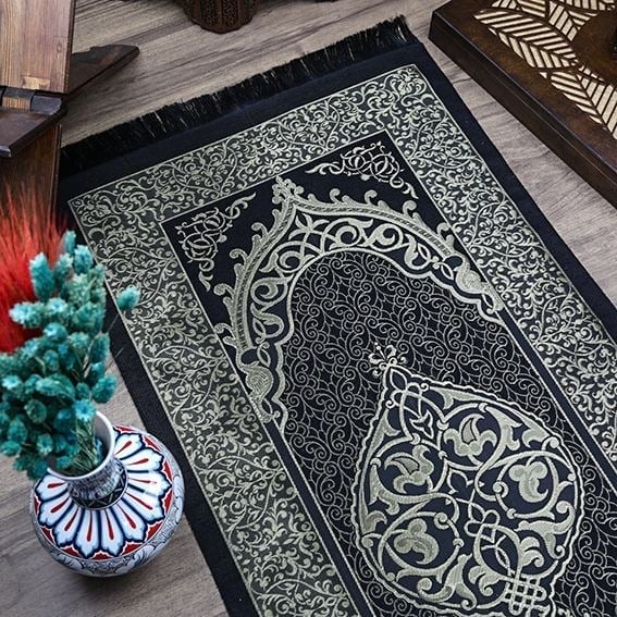 Hediyelik İpek Nur Tafta Seccade Gold-Siyah 68x110 cm - 200 gr