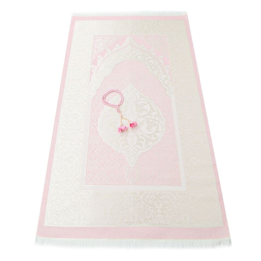 Hediyelik İpek Nur Tafta Seccade Pembe & Güllü İnci Tesbih 8 mm Pembe