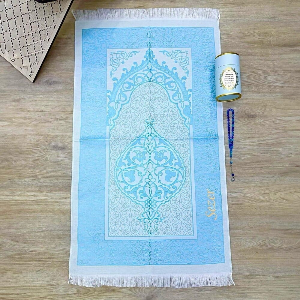Hediyelik İsme Özek İpek  Nur Tafta Seccade  ( 69*115) Turkuaz ,33 lü Tesbih, Silindir Seti - Mavi
