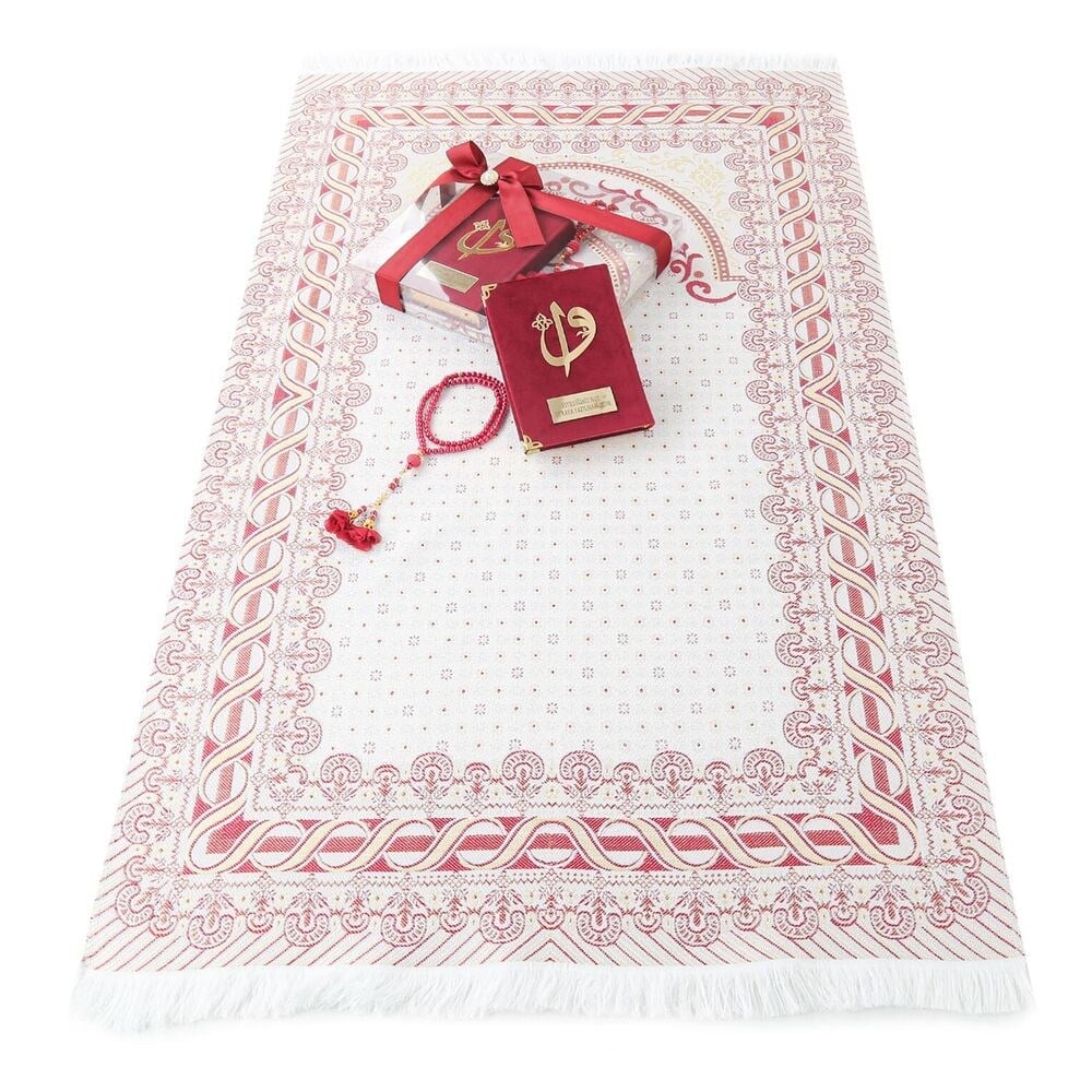 Hediyelik Kadife Kaplı Kur'an-ı Kerim, Seccade, İnci Tesbih, Asetat Kutulu (26×23) Set
