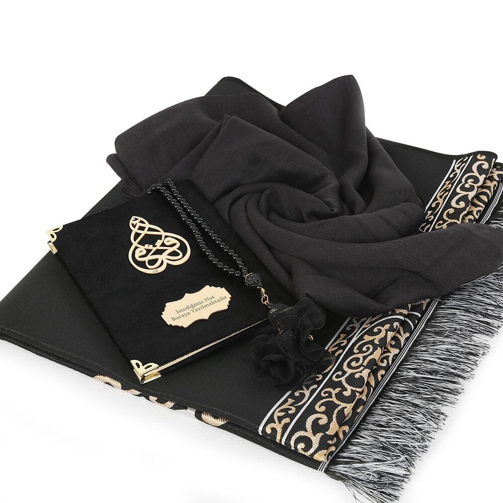 Hediyelik Kadife Kaplı Yasin Kitabı, Seccade, Şal, İnci Tesbih, Asetat Kutulu (26×23) Set - Siyah