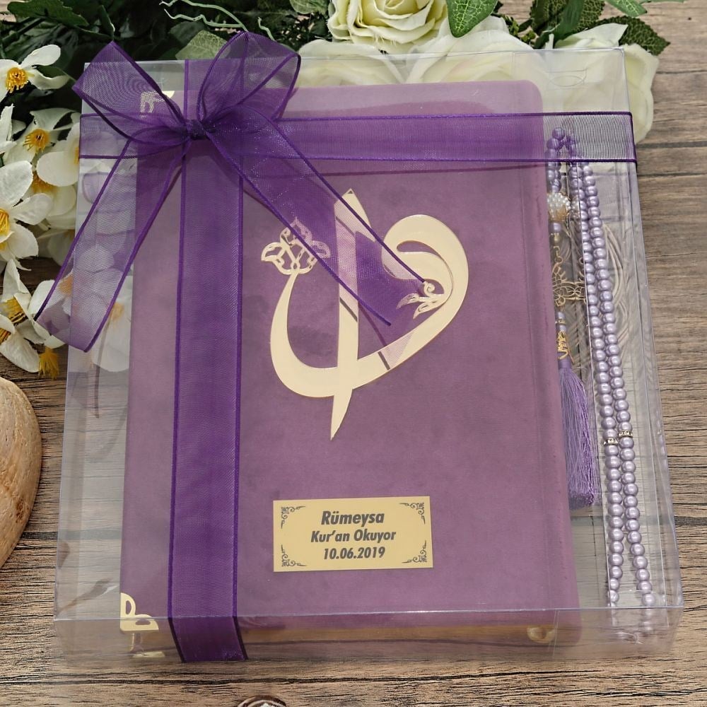 Hediyelik Kadife Kur'an-ı Kerim, İnci Tesbih, Asetat Kutulu (25×18) Mevlid Paketi
