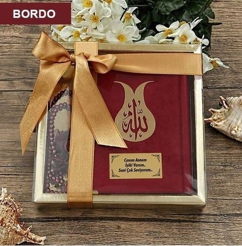 Hediyelik Kadife Kur'an-ı Kerim, İnci Tesbih, Gold Asetat Kutulu (20×20) Dini Set