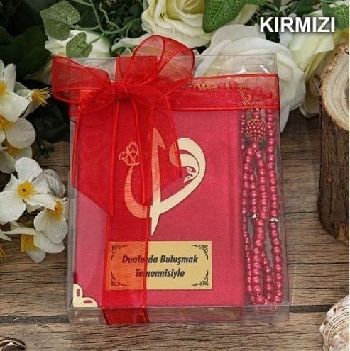 Hediyelik Kadife Kur'an-ı Kerim, İnci Tesbih, Asetat Kutulu (17×15) Set ( Renk Seçenekli )