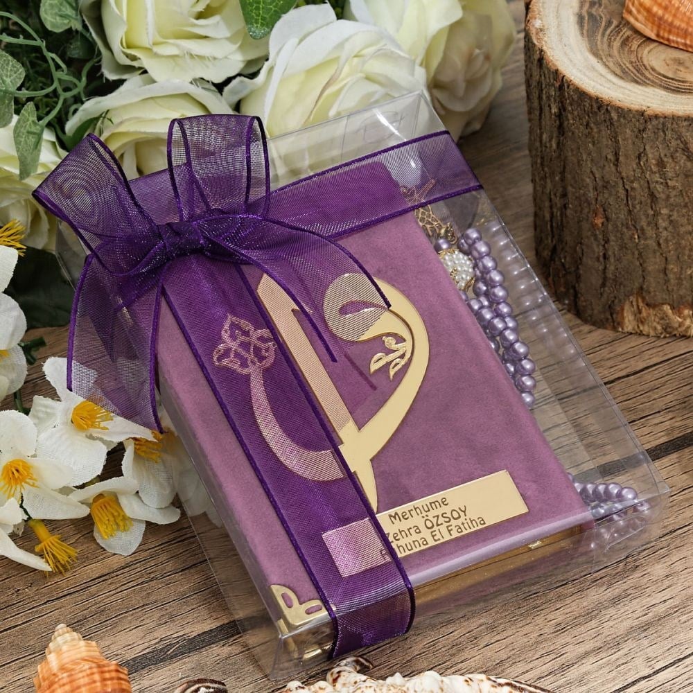 Hediyelik Kadife Kur'an-ı Kerim, İnci Tesbih, Asetat Kutulu (17×15) Set