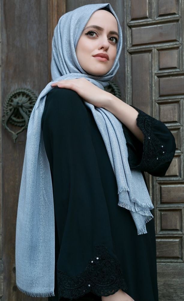 Hediyelik Şal, İnci Tesbih, Silindir Kutulu (18x10) Mavi Set