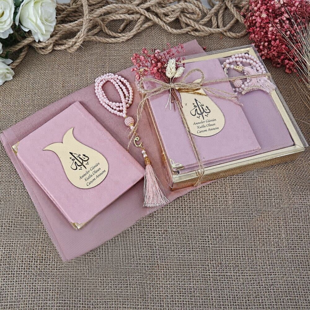 Hediyelik Şal, Yasin Kitabı, İnci Tesbihli Set-Pembe