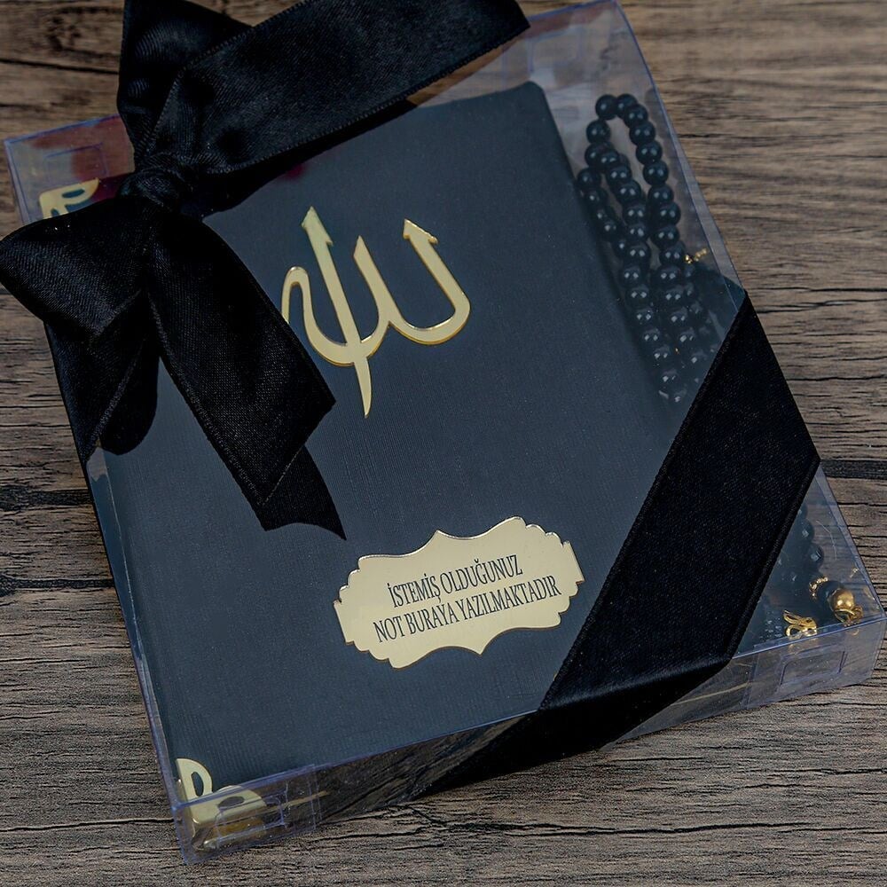 Hediyelik Şantuk Yasin Kitabı, İnci Tesbih, Süslemeli Asetat Kutulu (17×15) Dini Set-Siyah
