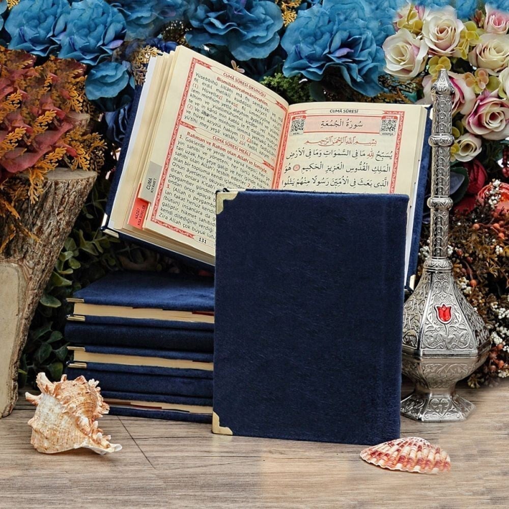Hediyelik Seccade, Kadife Yasin (İsme Özel), İnci Tesbih, Asetat Kutulu (26×23) İslami Set-Lacivert