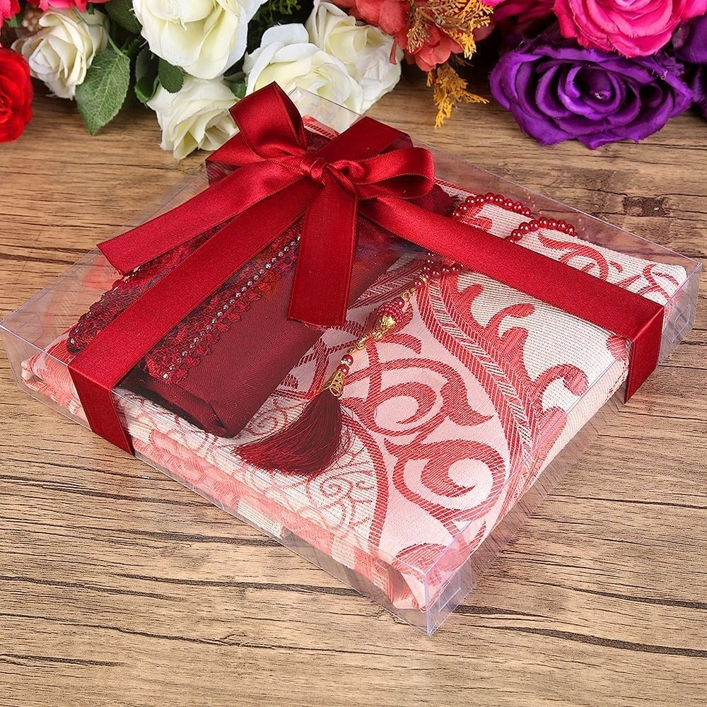 Hediyelik Seccade, Şal, İnci Tesbih, Asetat Kutulu (26×23 cm 450 gr) Set-Bordo