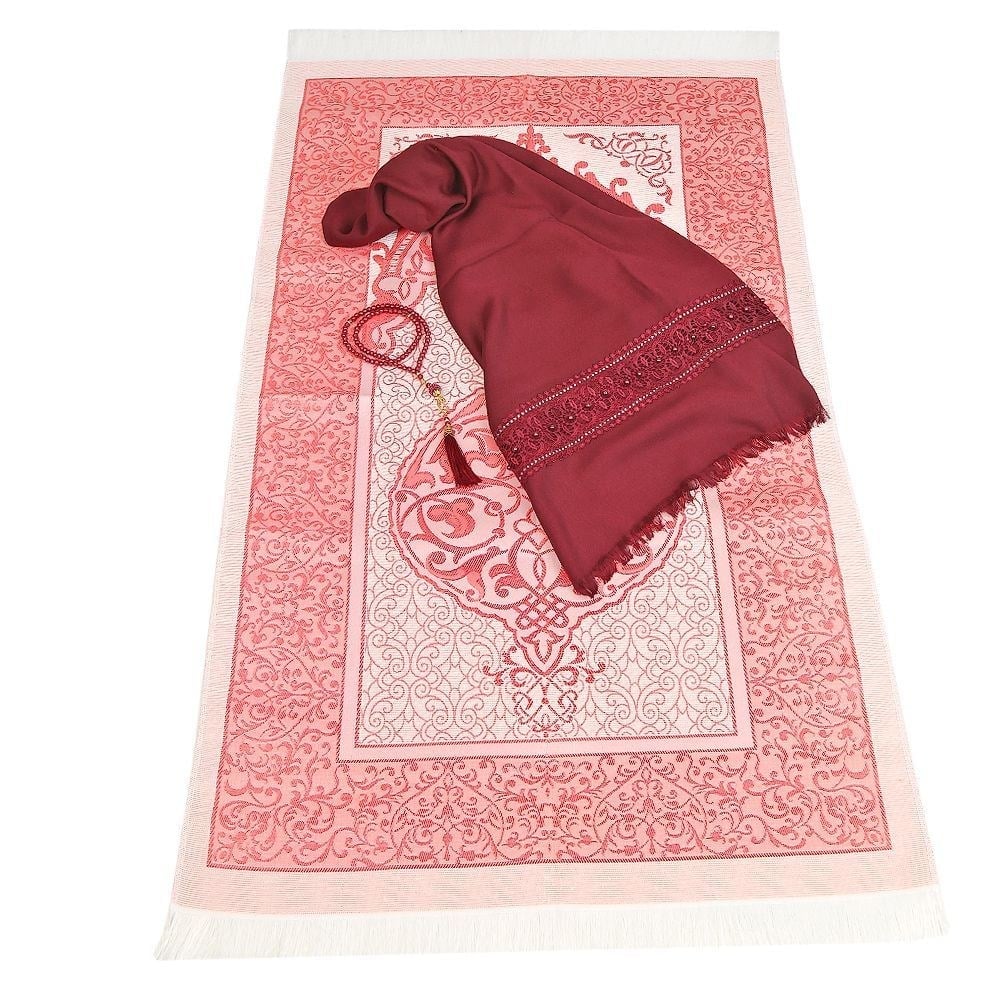 Hediyelik Seccade, Şal, İnci Tesbih, Asetat Kutulu (26×23 cm 450 gr) Set-Bordo