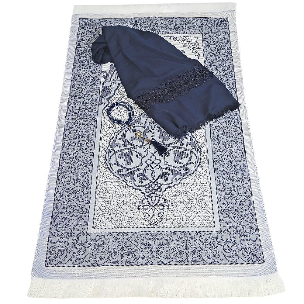 Hediyelik Seccade, Şal, İnci Tesbih, Asetat Kutulu (26×23 cm 450 gr) Set-Lacivert