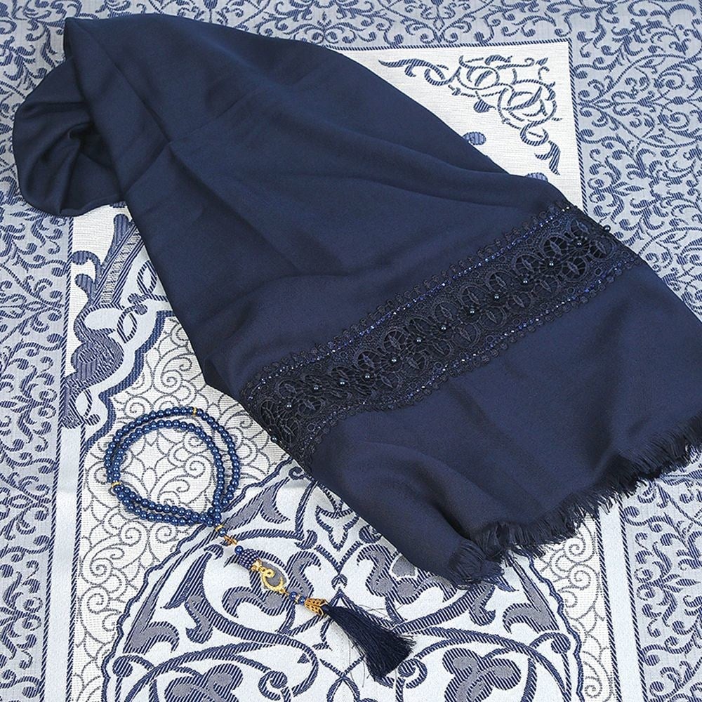 Hediyelik Seccade, Şal, İnci Tesbih, Asetat Kutulu (26×23 cm 450 gr) Set-Lacivert