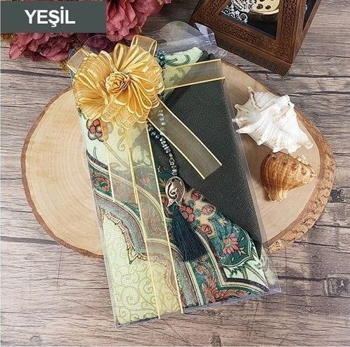 Hediyelik Seccade, Şal, İnci Tesbih, Süslemeli Asetat Kutulu (30×18) Paket