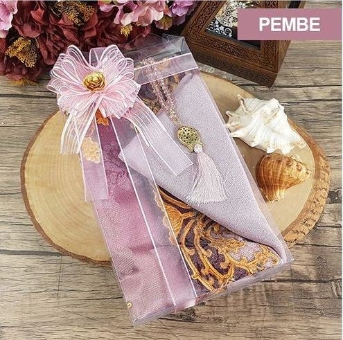 Hediyelik Seccade, Şal, İnci Tesbih, Süslemeli Asetat Kutulu (30×18) Paket