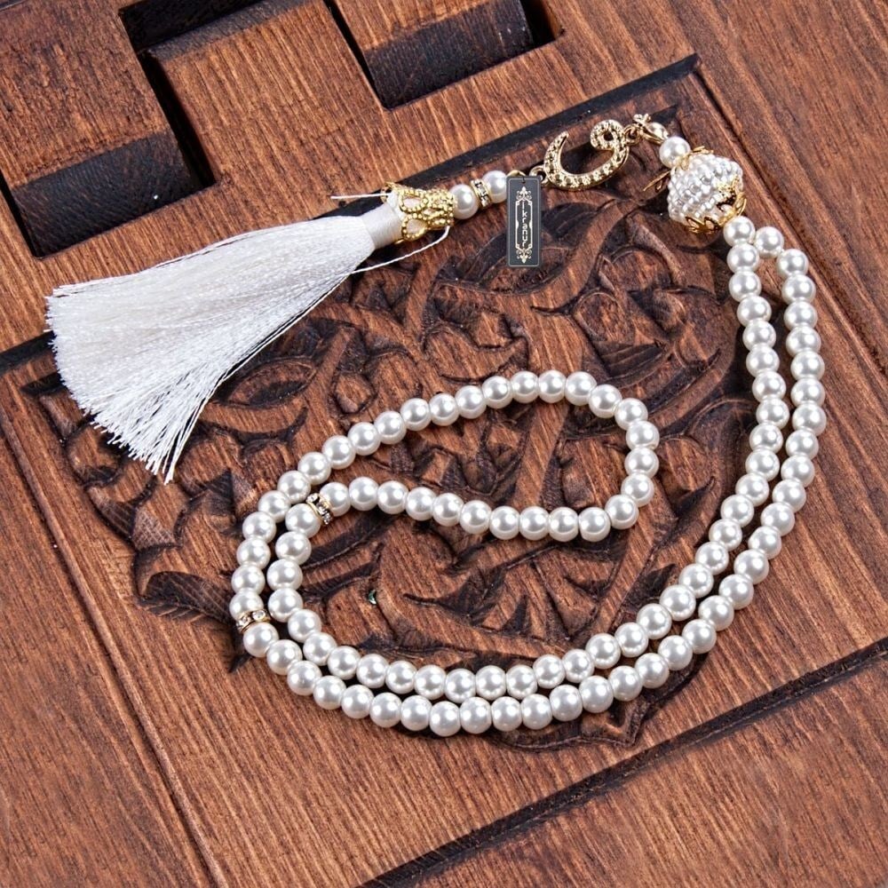 Hediyelik Simli Şal, İnci Tesbih, Takke, 33'lü Tesbih, Asetat Kutulu (26x23) Dini Set-Krem