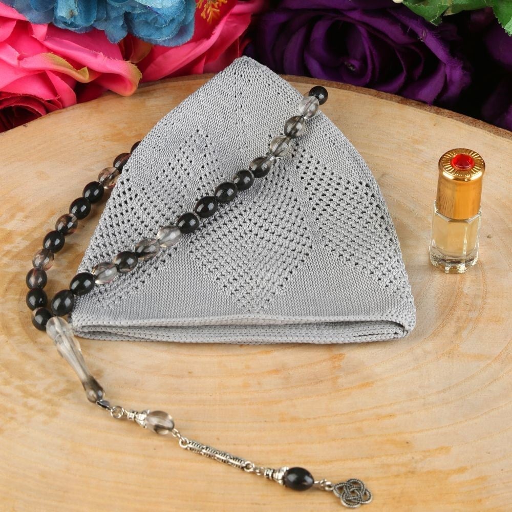 Hediyelik Takke, 33 lü Tesbih, Alkolsüz Esans 3 ml Asetat kutulu 12*15 cm 261 gram-Gri