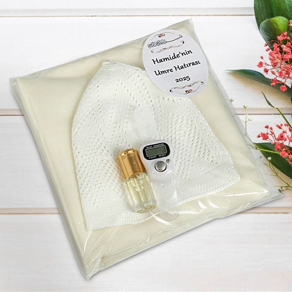 Hediyelik Umre paketi Krem Pamuklu Şal, Lüks Rabia Takke, Zikirmatik, Alkolsüz Esans 3 ml-167 gr